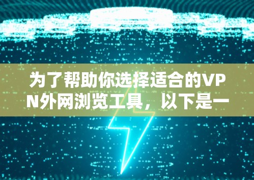 为了帮助你选择适合的VPN外网浏览工具，以下是一个结构化的总结，基于你的需求和考虑因素